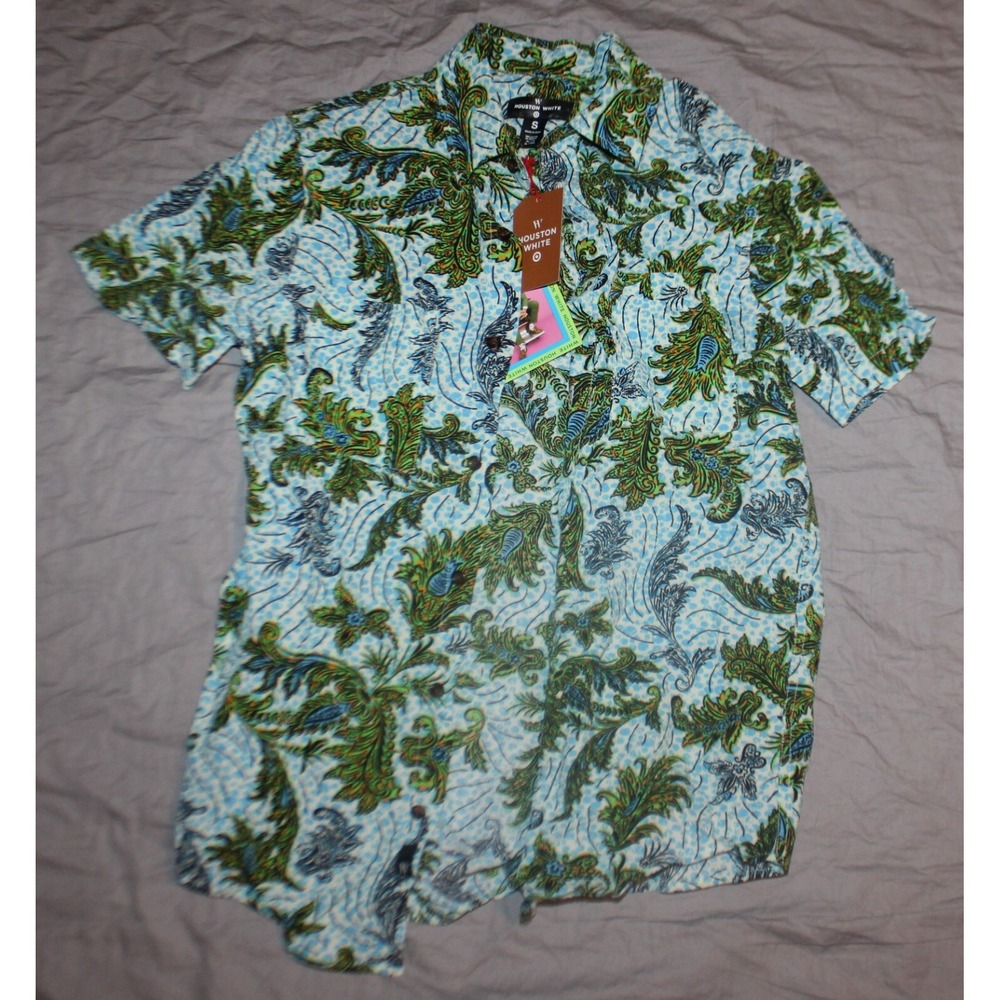 Houston White size S Woven Printed Batik Textured Short Sleeve Button-Down NWT